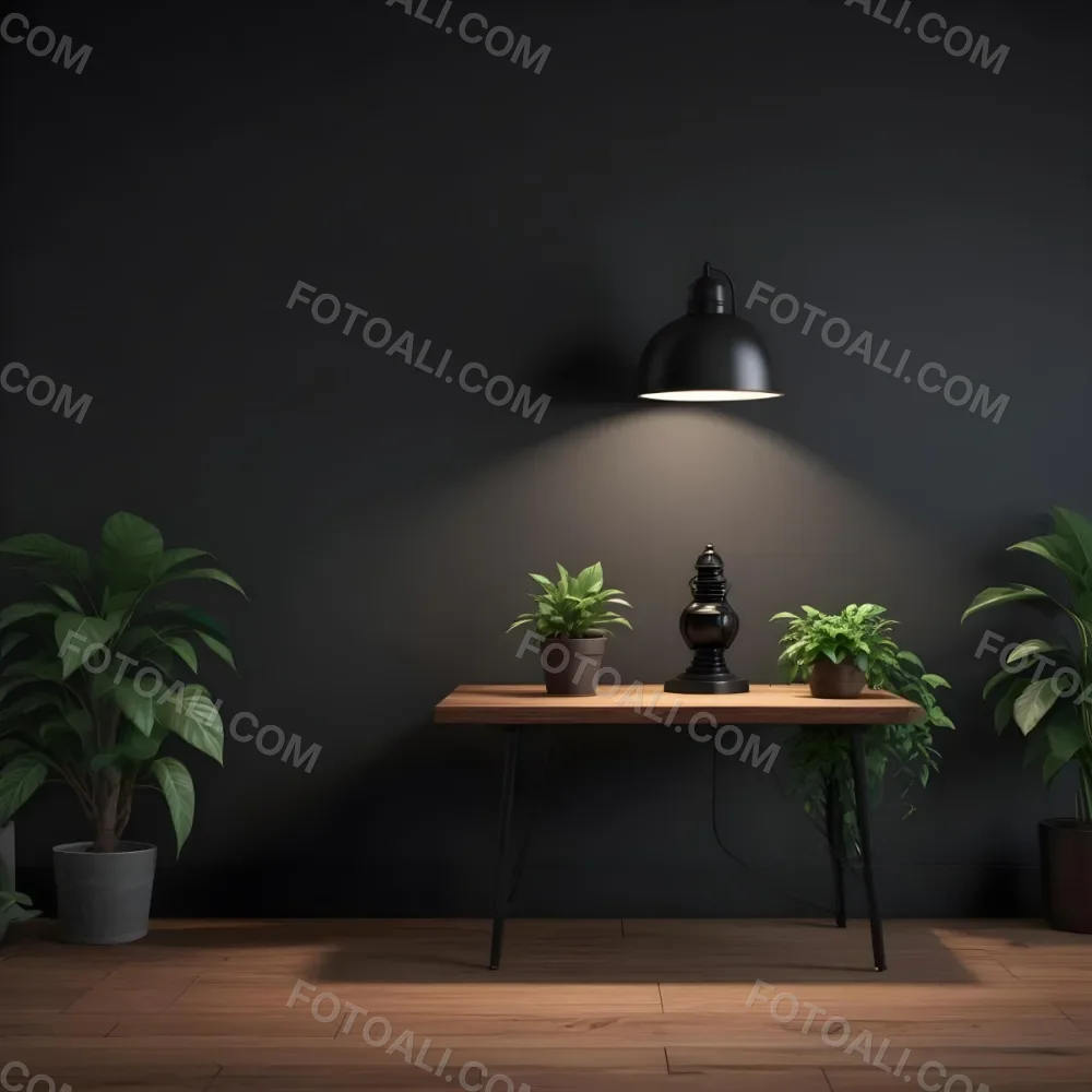 3d Model A Wooden Table With A Plant On The Left A Black Lamp Illuminating The Scene Dark Background Figure Octane Render Volumetric Highly Detailed Videogame Aesthetic 3 99c6