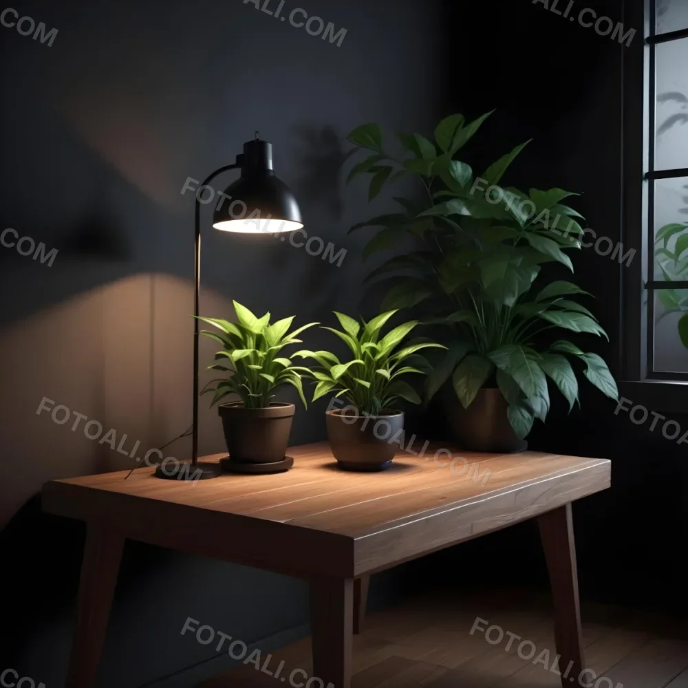 3d Model A Wooden Table With A Plant On The Left A Black Lamp Illuminating The Scene Dark Background Figure Octane Render Volumetric Highly Detailed Videogame Aesthetic 5 A1a2