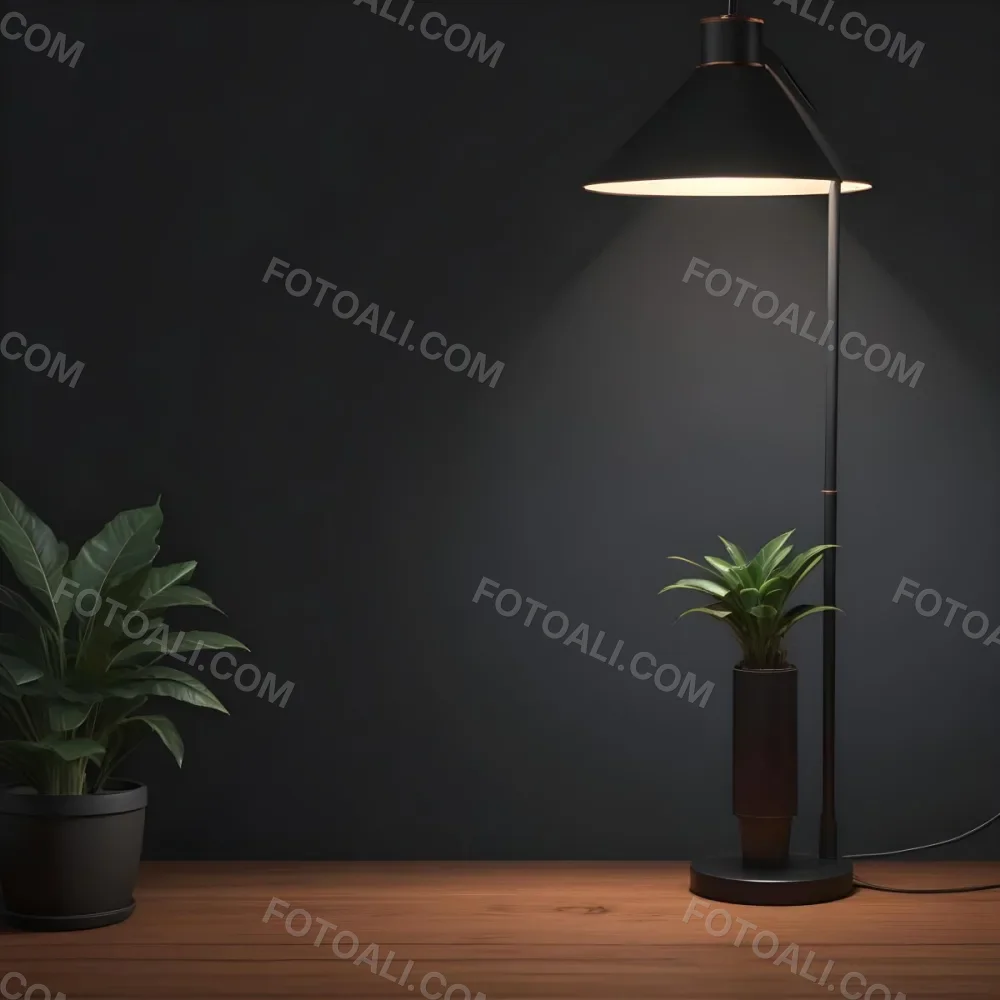 3d Model A Wooden Table With A Plant On The Left A Black Lamp Illuminating The Scene Dark Background Figure Octane Render Volumetric Highly Detailed Videogame Aesthetic 6 D298