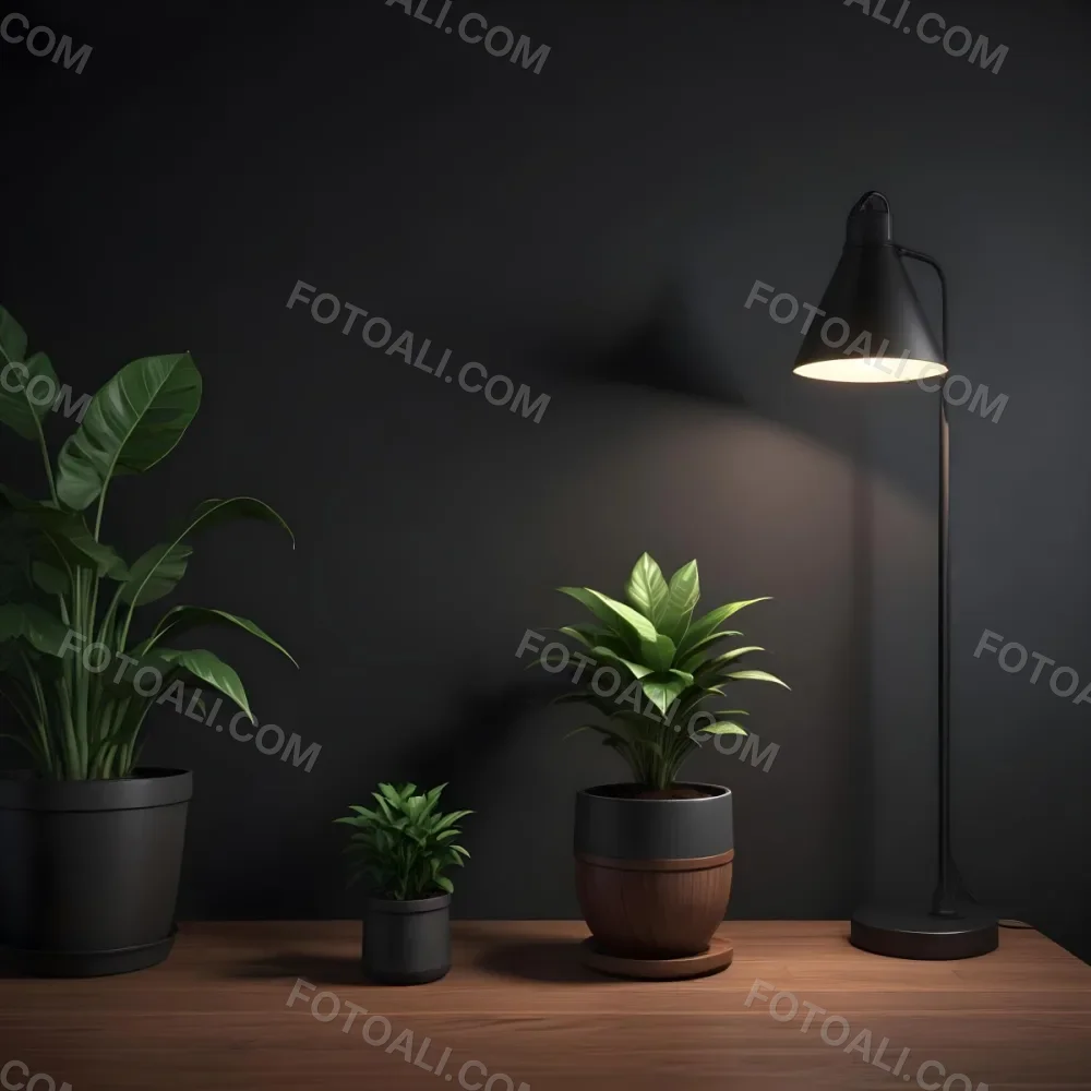 3d Model A Wooden Table With A Plant On The Left A Black Lamp Illuminating The Scene Dark Background Figure Octane Render Volumetric Highly Detailed Videogame Aesthetic 7 3131