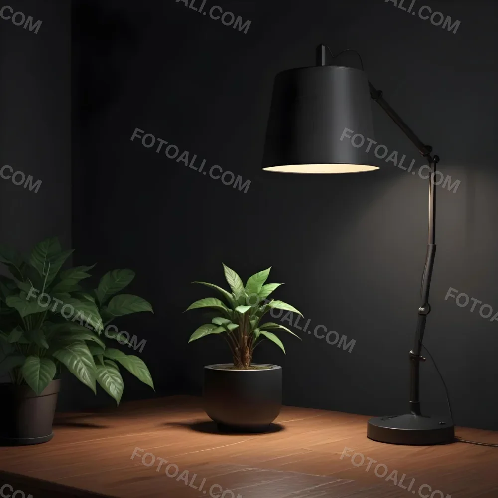 3d Model A Wooden Table With A Plant On The Left A Black Lamp Illuminating The Scene Dark Background Figure Octane Render Volumetric Highly Detailed Videogame Aesthetic 8 4b32