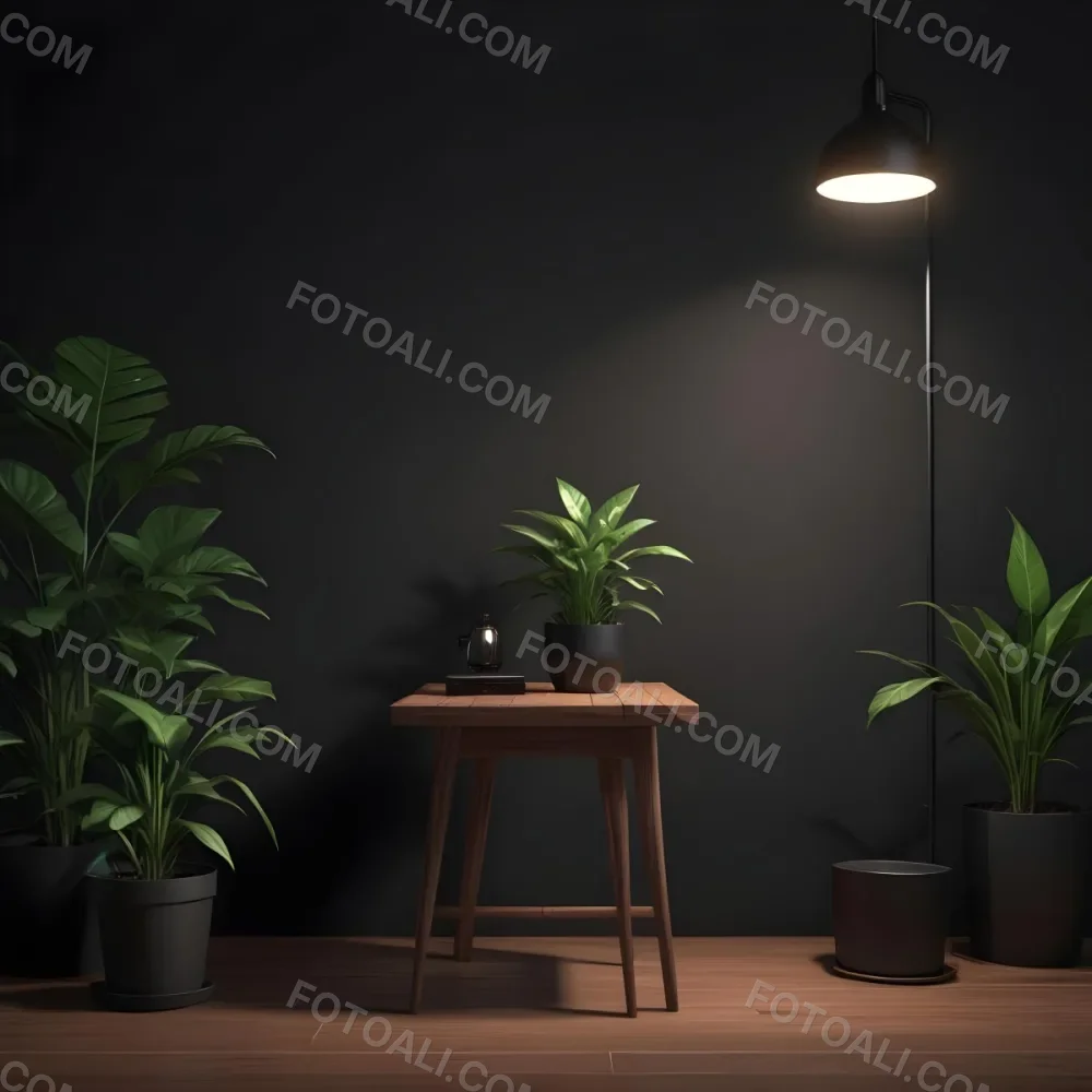 3d Model A Wooden Table With A Plant On The Left A Black Lamp Illuminating The Scene Dark Background Figure Octane Render Volumetric Highly Detailed Videogame Aesthetic 9 3076