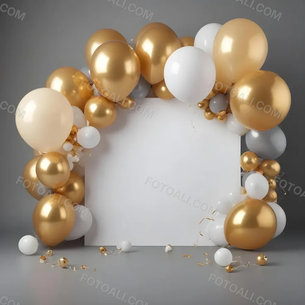 3d Model A Wreath Made Of Gold And White Balloons Floating Against A Gray Background Figure Octane Render Volumetric Highly Detailed Videogame Aesthetic 14 E876