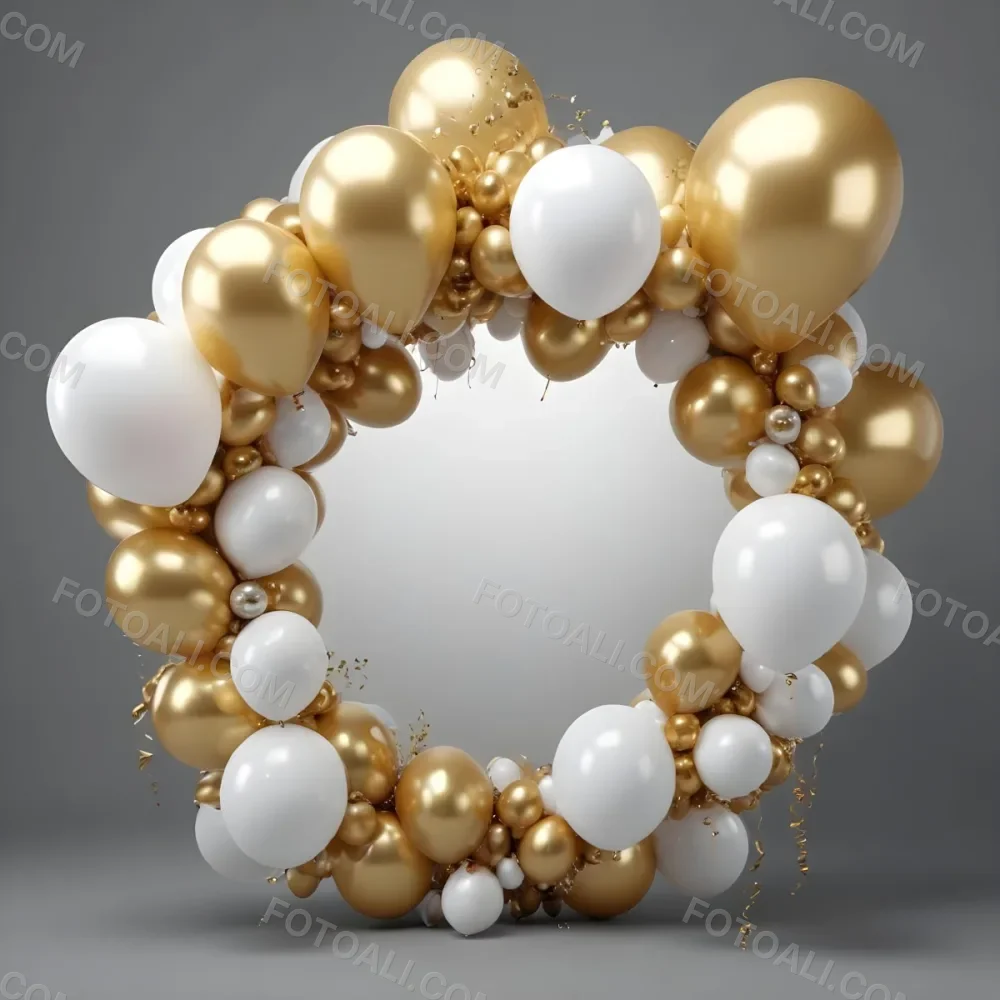 3d Model A Wreath Made Of Gold And White Balloons Floating Against A Gray Background Figure Octane Render Volumetric Highly Detailed Videogame Aesthetic 30 841b