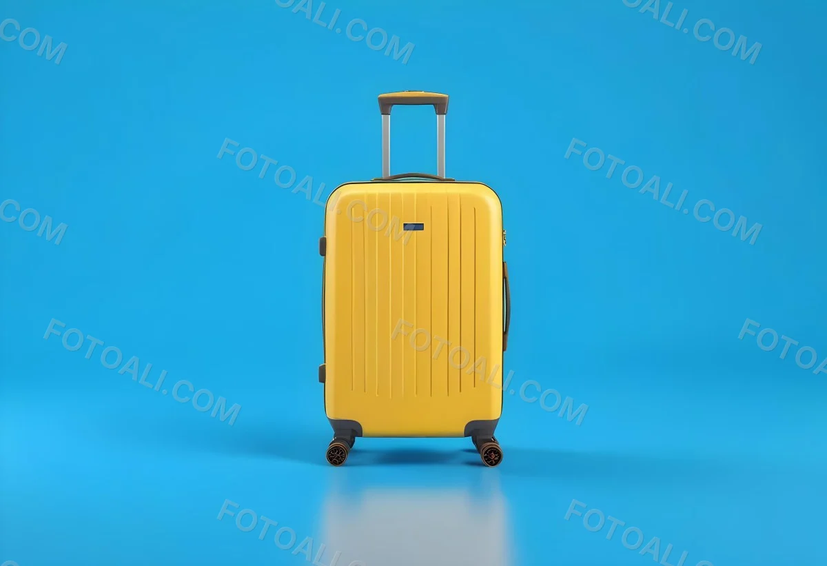 3d Model A Yellow Suitcase With A Handle Extended Standing Upright On A Blue Background Minimalist Design Bright Colors Clean And Simple Composition Travel Concept Figure Octane Render Volumetric Highly Detailed 24 D156