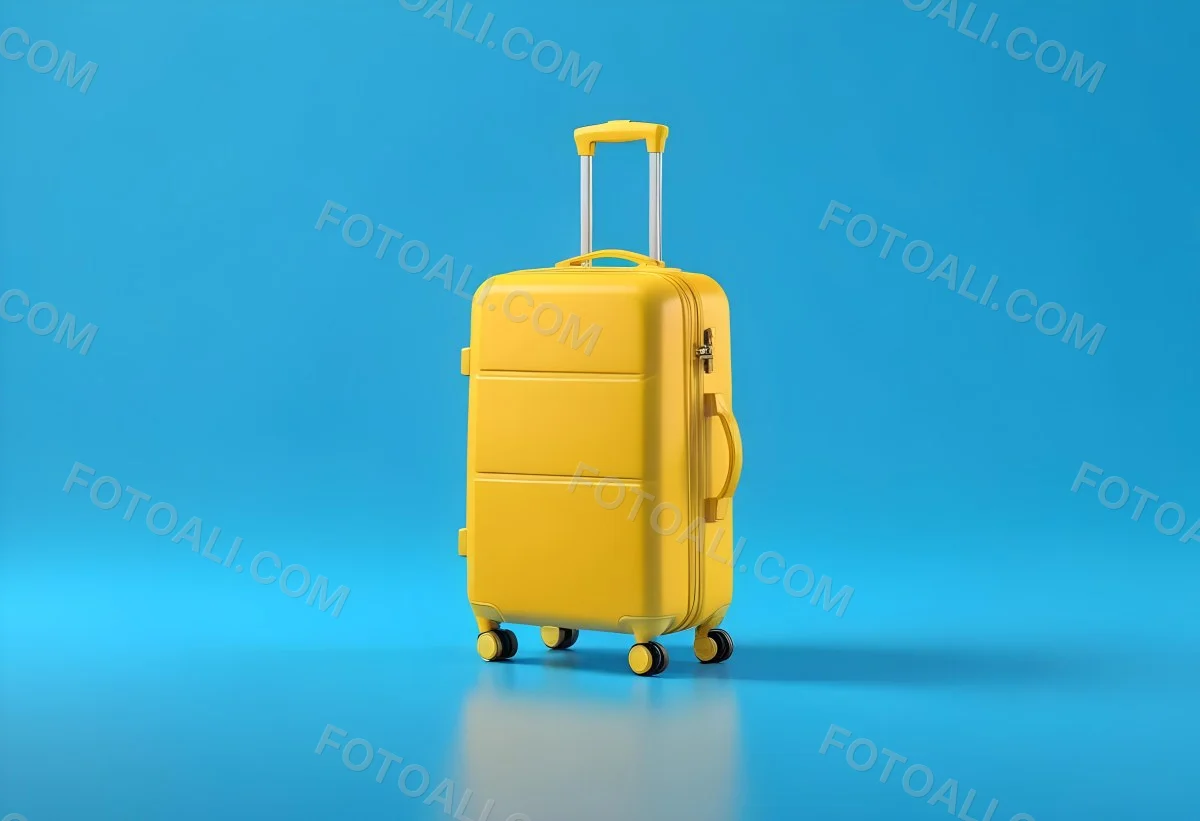 3d Model A Yellow Suitcase With A Handle Extended Standing Upright On A Blue Background Minimalist Design Bright Colors Clean And Simple Composition Travel Concept Figure Octane Render Volumetric Highly Detailed 25 64c7