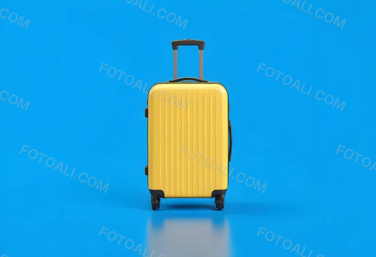 3d Model A Yellow Suitcase With A Handle Extended Standing Upright On A Blue Background Minimalist Design Bright Colors Clean And Simple Composition Travel Concept Figure Octane Render Volumetric Highly Detailed 28 0044