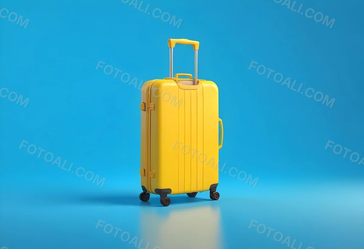 3d Model A Yellow Suitcase With A Handle Extended Standing Upright On A Blue Background Minimalist Design Bright Colors Clean And Simple Composition Travel Concept Figure Octane Render Volumetric Highly Detailed 30 B3f5