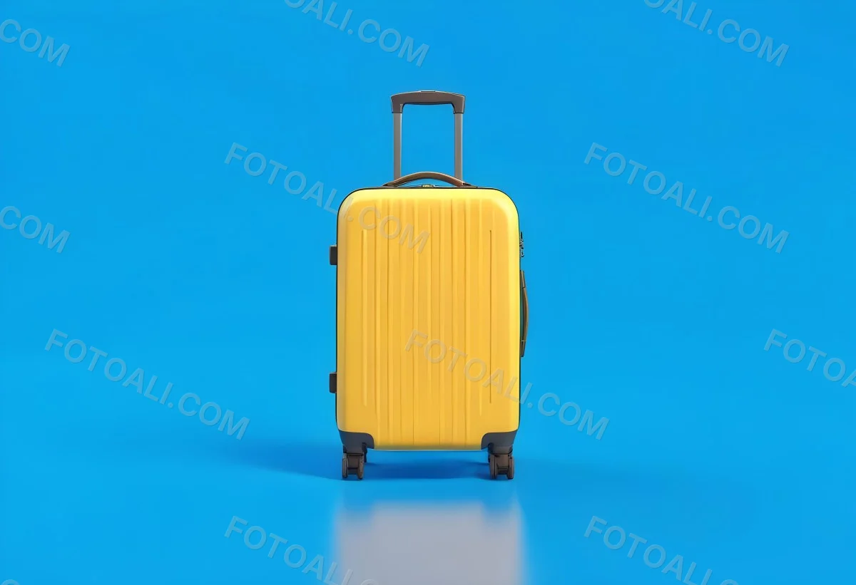 3d Model A Yellow Suitcase With A Handle Extended Standing Upright On A Blue Background Minimalist Design Bright Colors Clean And Simple Composition Travel Concept Figure Octane Render Volumetric Highly Detailed 40 F155