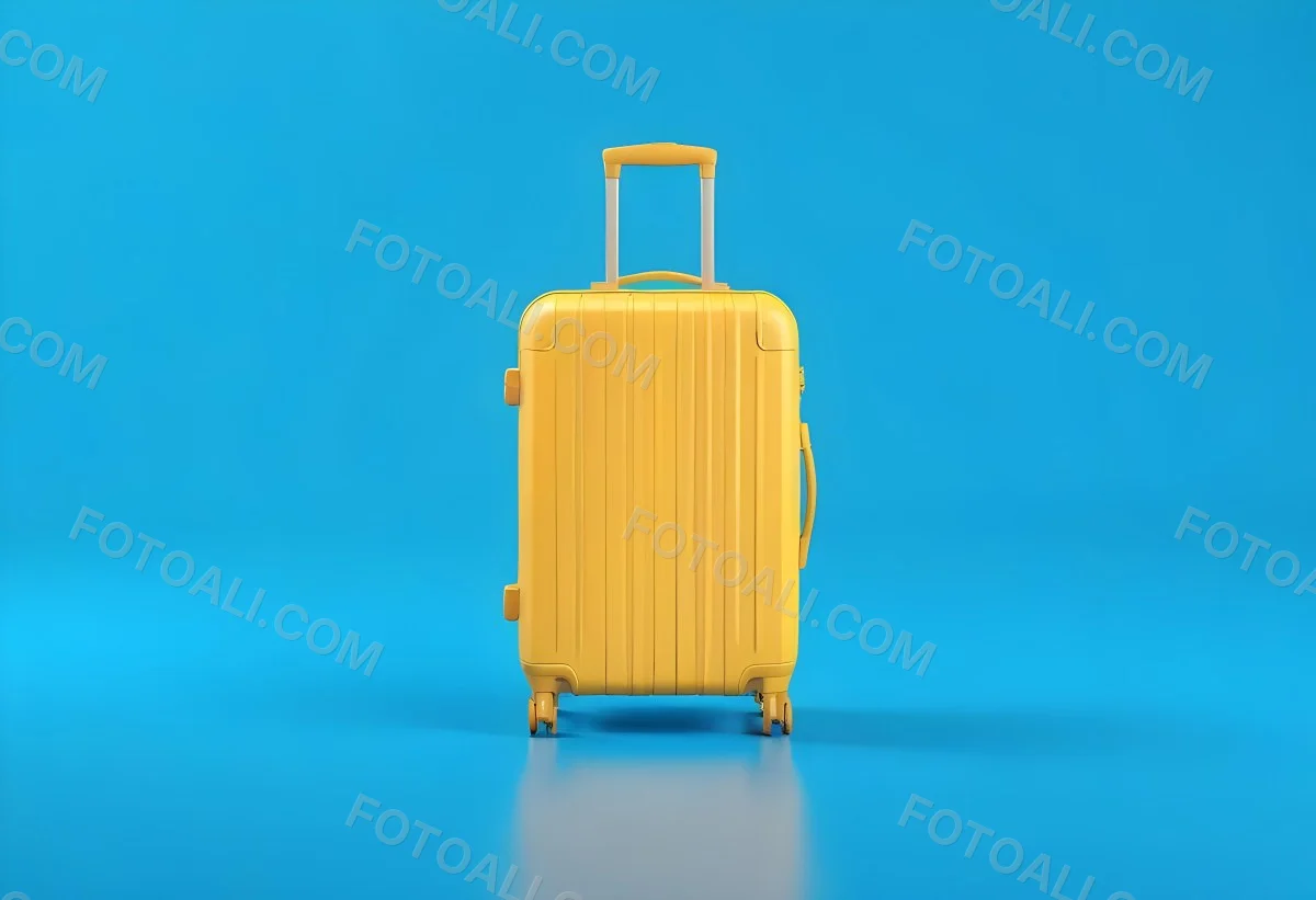 3d Model A Yellow Suitcase With A Handle Extended Standing Upright On A Blue Background Minimalist Design Bright Colors Clean And Simple Composition Travel Concept Figure Octane Render Volumetric Highly Detailed 48 E5c3