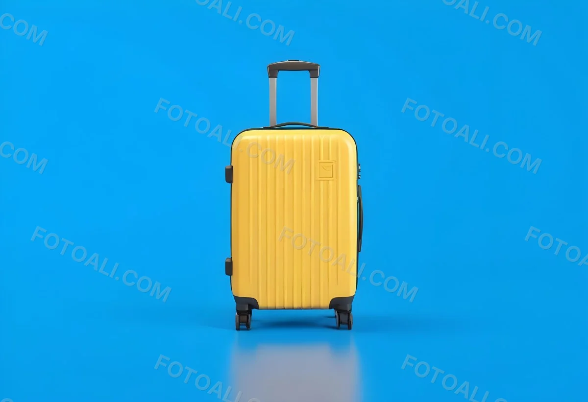 3d Model A Yellow Suitcase With A Handle Extended Standing Upright On A Blue Background Minimalist Design Bright Colors Clean And Simple Composition Travel Concept Figure Octane Render Volumetric Highly Detailed 5 7ac2