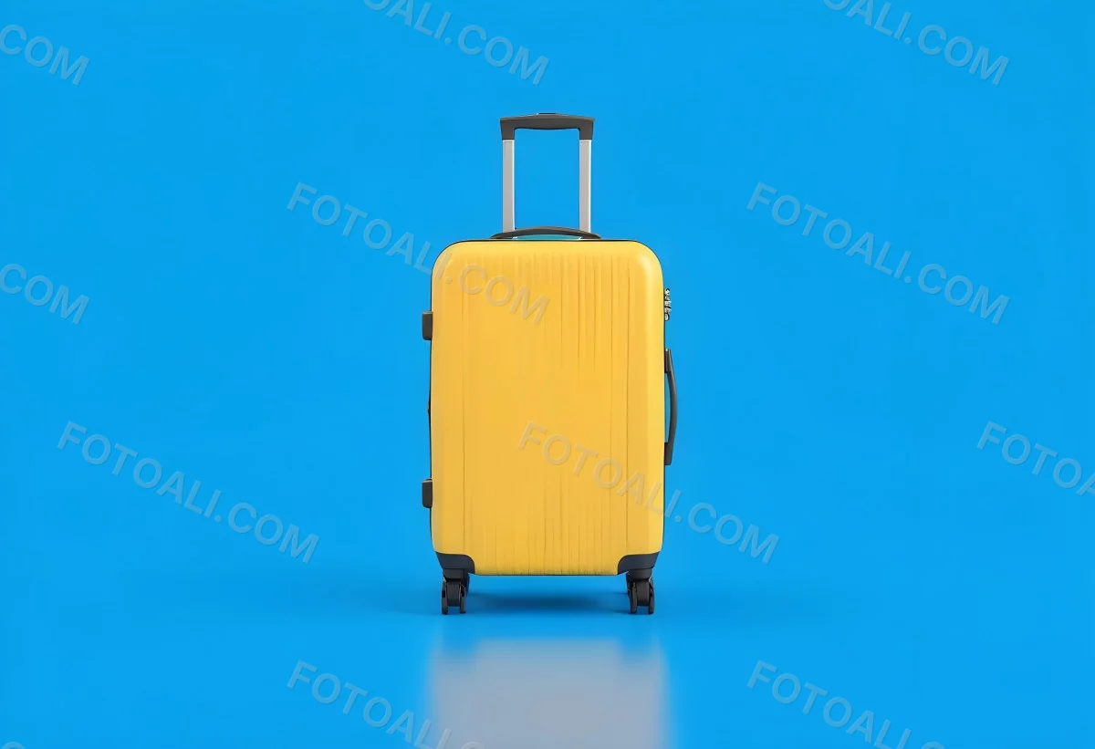 3d Model A Yellow Suitcase With A Handle Extended Standing Upright On A Blue Background Minimalist Design Bright Colors Clean And Simple Composition Travel Concept Figure Octane Render Volumetric Highly Detailed 52 F030