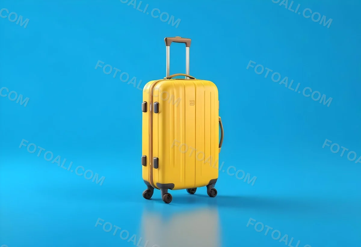 3d Model A Yellow Suitcase With A Handle Extended Standing Upright On A Blue Background Minimalist Design Bright Colors Clean And Simple Composition Travel Concept Figure Octane Render Volumetric Highly Detailed 63 196b