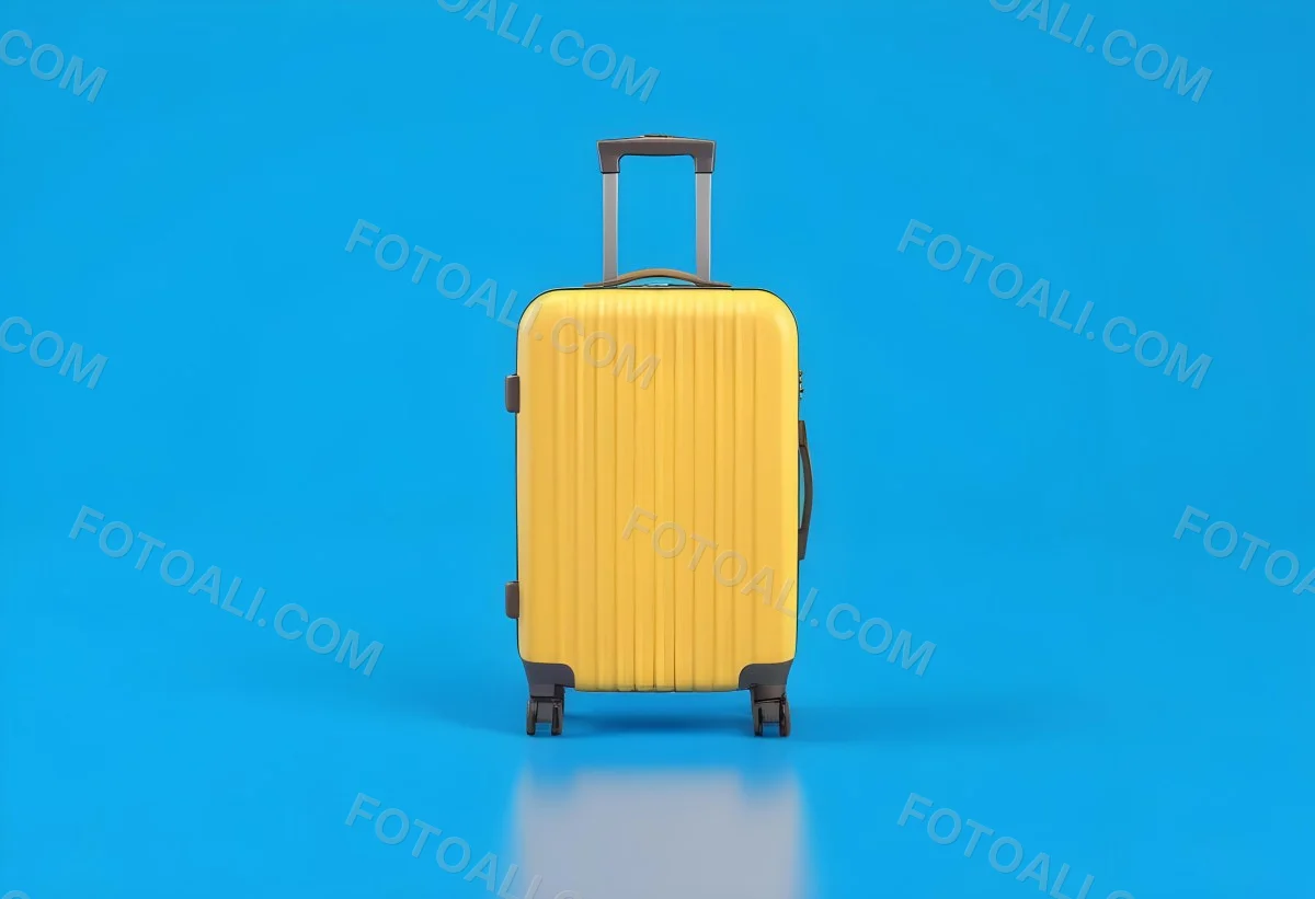 3d Model A Yellow Suitcase With A Handle Extended Standing Upright On A Blue Background Minimalist Design Bright Colors Clean And Simple Composition Travel Concept Figure Octane Render Volumetric Highly Detailed 64 439d
