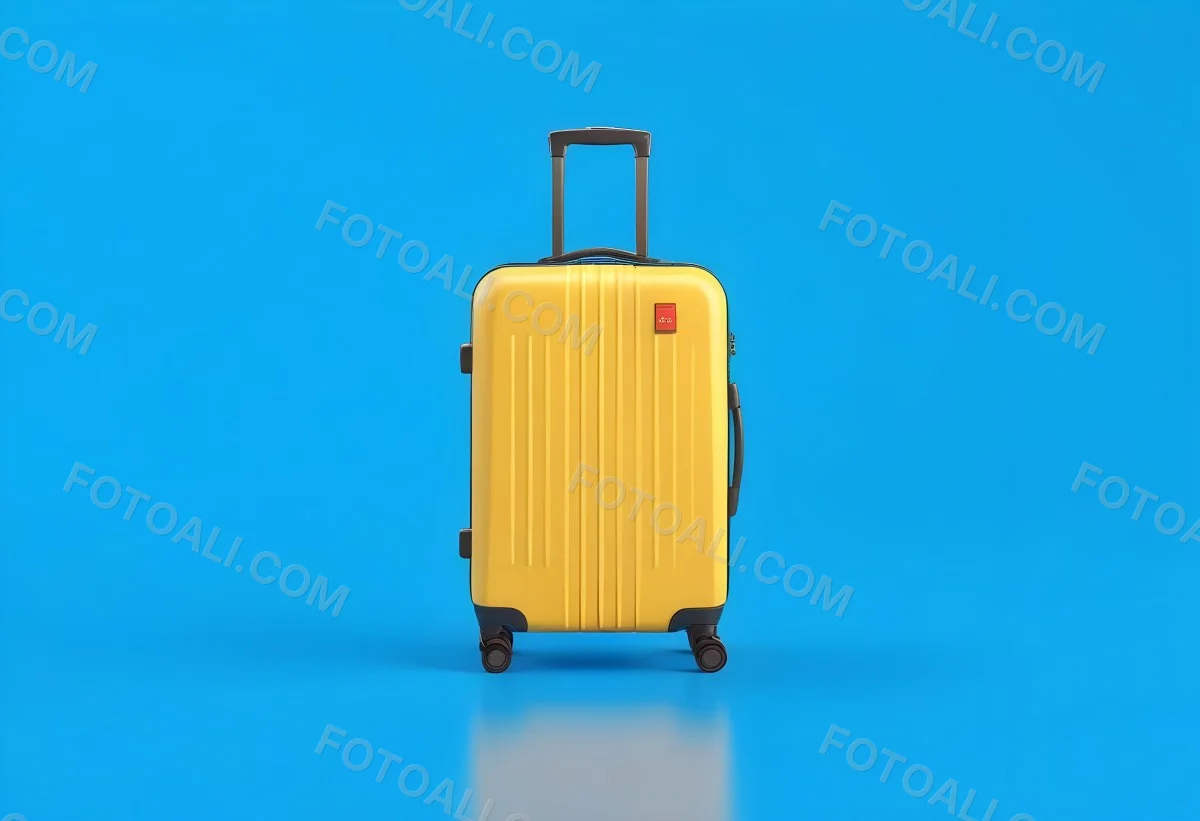 3d Model A Yellow Suitcase With A Handle Extended Standing Upright On A Blue Background Minimalist Design Bright Colors Clean And Simple Composition Travel Concept Figure Octane Render Volumetric Highly Detailed 71 6e82