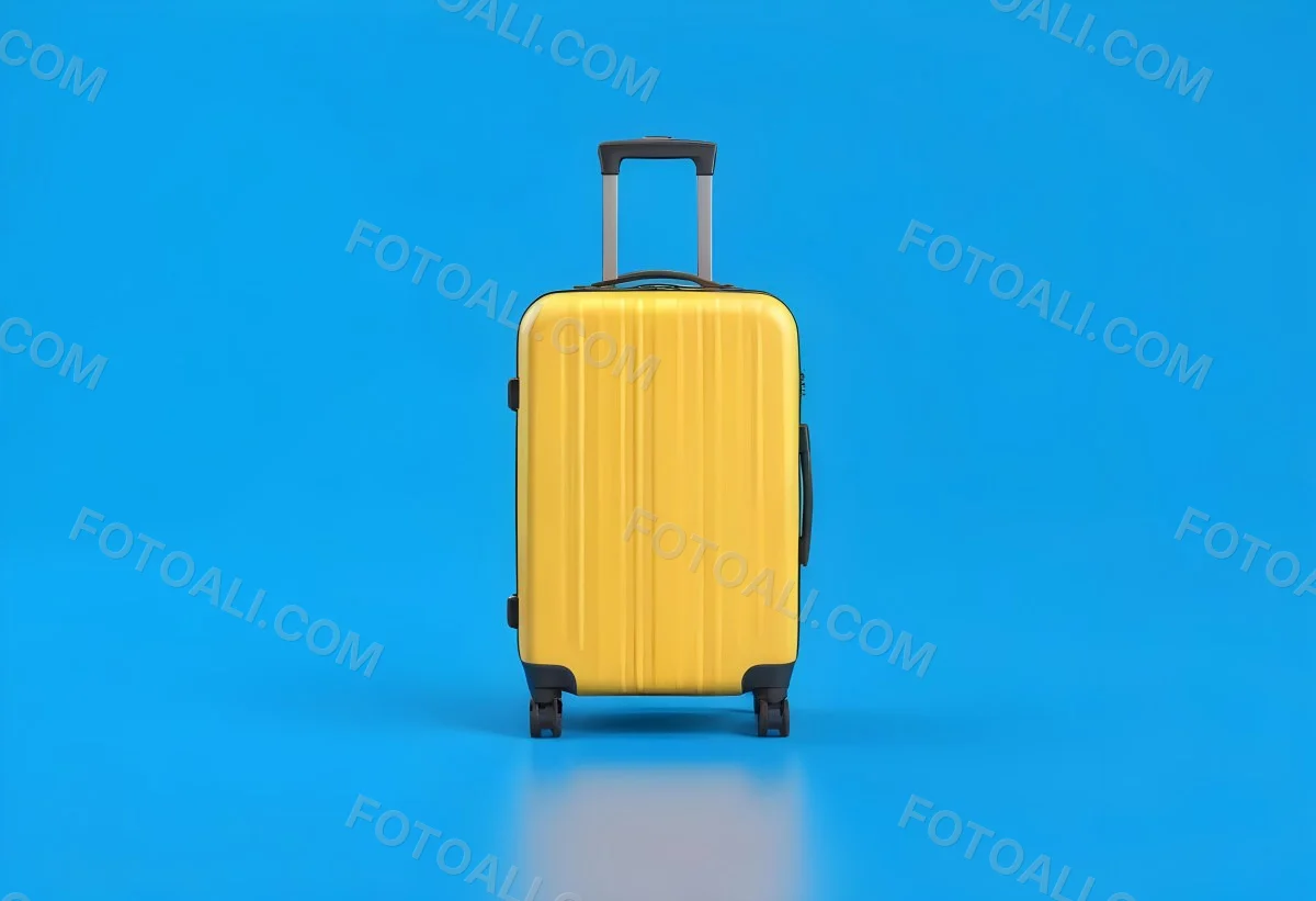 3d Model A Yellow Suitcase With A Handle Extended Standing Upright On A Blue Background Minimalist Design Bright Colors Clean And Simple Composition Travel Concept Figure Octane Render Volumetric Highly Detailed 72 09d6