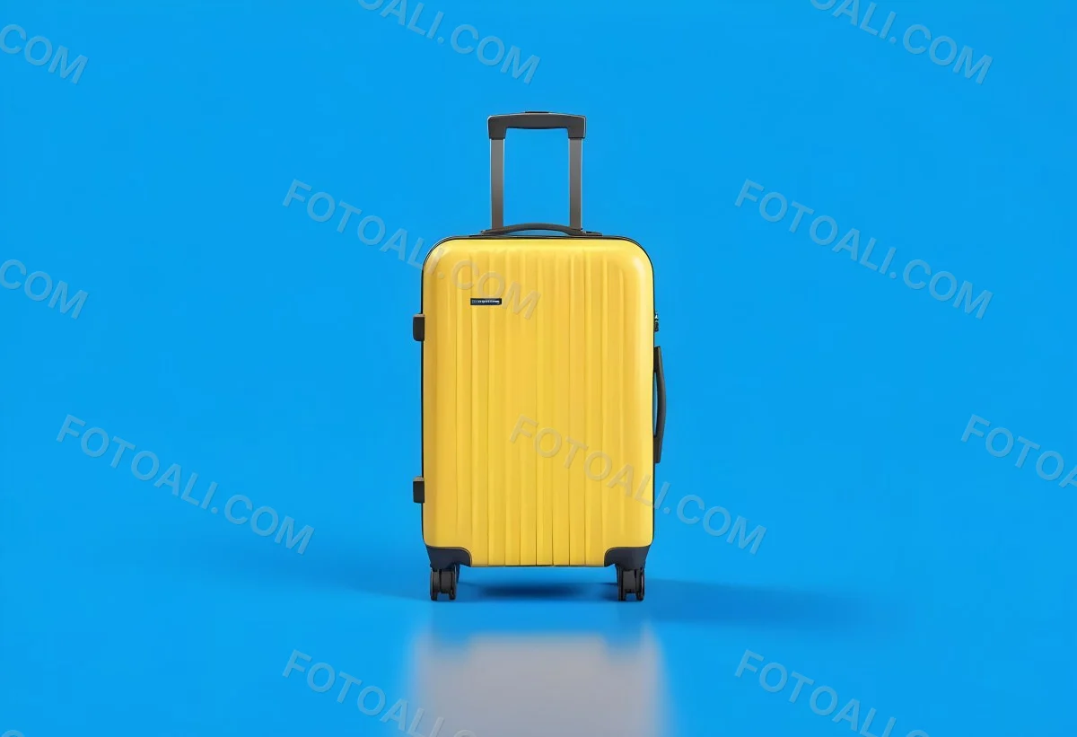 3d Model A Yellow Suitcase With A Handle Extended Standing Upright On A Blue Background Minimalist Design Bright Colors Clean And Simple Composition Travel Concept Figure Octane Render Volumetric Highly Detailed 73 3bbf