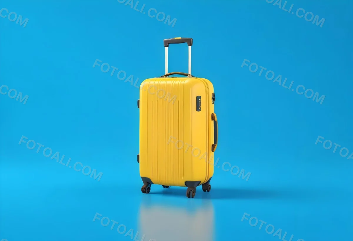 3d Model A Yellow Suitcase With A Handle Extended Standing Upright On A Blue Background Minimalist Design Bright Colors Clean And Simple Composition Travel Concept Figure Octane Render Volumetric Highly Detailed 8 Fe15