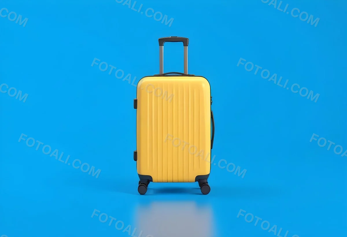3d Model A Yellow Suitcase With A Handle Extended Standing Upright On A Blue Background Minimalist Design Bright Colors Clean And Simple Composition Travel Concept Figure Octane Render Volumetric Highly Detailed 9 17b6