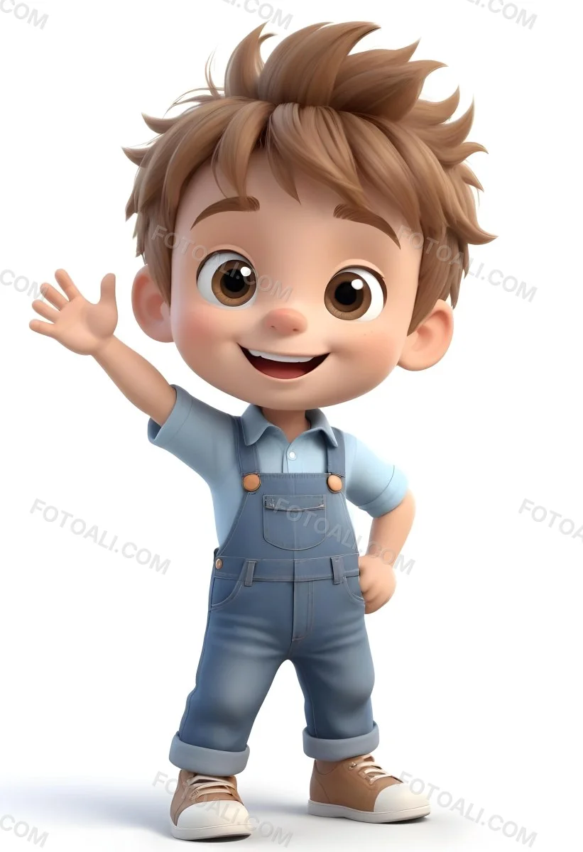 3d Model A Young Boy With Light Brown Hair And Big Brown Eyes Wearing A Light Blue Shirt And Denim Overalls He Is Smiling And Waving With His Right Hand Standing In A Cheerful Pose The Background Is Plain White Fi 12 D7b7