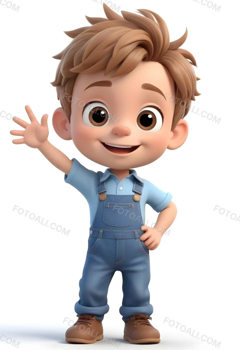 3d Model A Young Boy With Light Brown Hair And Big Brown Eyes Wearing A Light Blue Shirt And Denim Overalls He Is Smiling And Waving With His Right Hand Standing In A Cheerful Pose The Background Is Plain White Fi 14 0b04