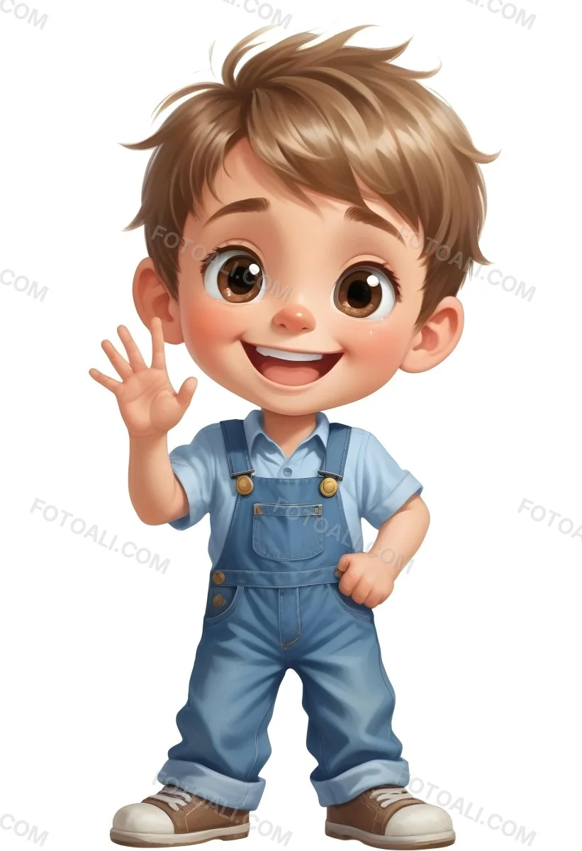 3d Model A Young Boy With Light Brown Hair And Big Brown Eyes Wearing A Light Blue Shirt And Denim Overalls He Is Smiling And Waving With His Right Hand Standing In A Cheerful Pose The Background Is Plain White Fi 18 59f1