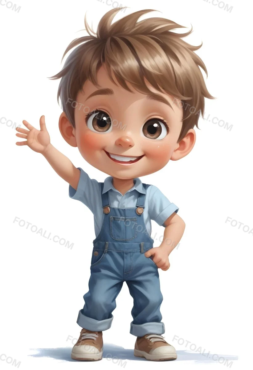 3d Model A Young Boy With Light Brown Hair And Big Brown Eyes Wearing A Light Blue Shirt And Denim Overalls He Is Smiling And Waving With His Right Hand Standing In A Cheerful Pose The Background Is Plain White Fi 28 Bcdf