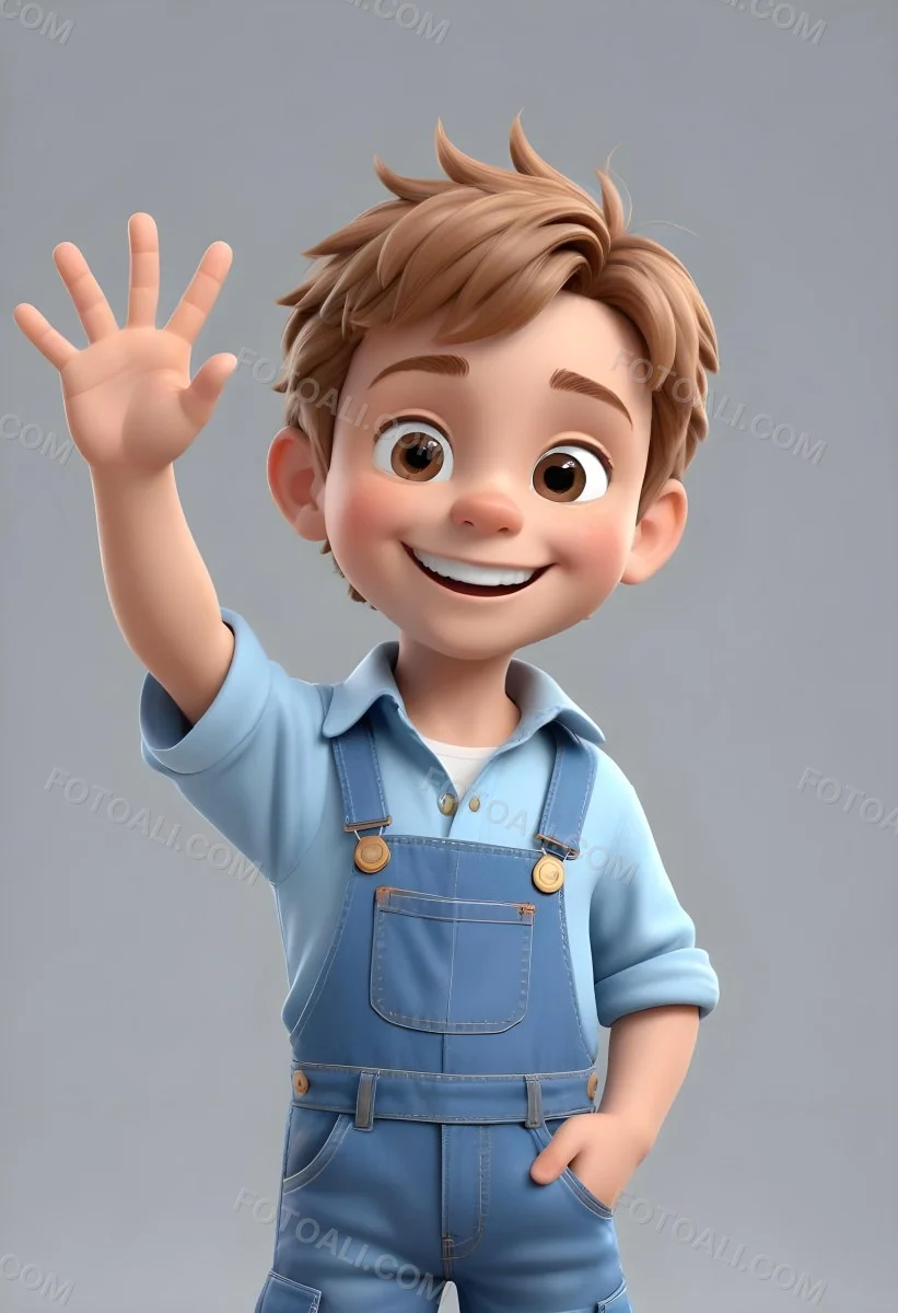 3d Model A Young Boy With Light Brown Hair And Big Brown Eyes Wearing A Light Blue Shirt And Denim Overalls He Is Smiling And Waving With His Right Hand Standing In A Cheerful Pose The Background Is Plain White Fi 4 7035