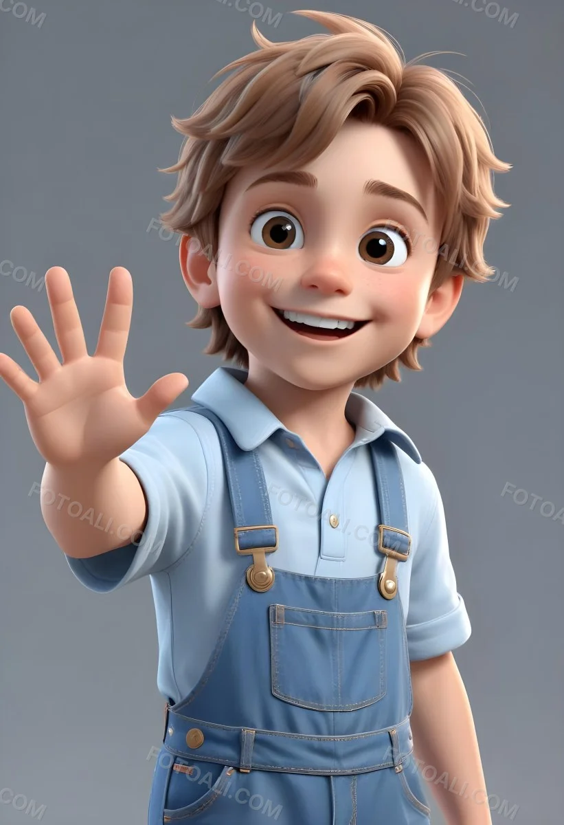 3d Model A Young Boy With Light Brown Hair And Big Brown Eyes Wearing A Light Blue Shirt And Denim Overalls He Is Smiling And Waving With His Right Hand Standing In A Cheerful Pose The Background Is Plain White Fi 44 865c