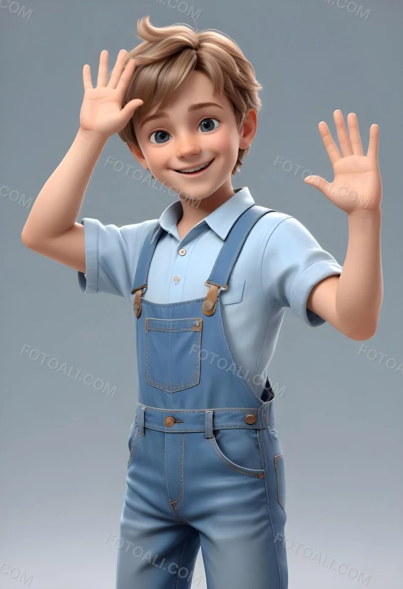 3d Model A Young Boy With Light Brown Hair And Big Brown Eyes Wearing A Light Blue Shirt And Denim Overalls He Is Smiling And Waving With His Right Hand Standing In A Cheerful Pose The Background Is Plain White Fi 46 5916