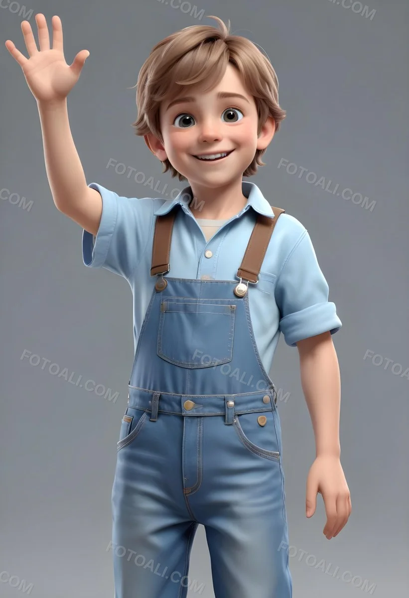 3d Model A Young Boy With Light Brown Hair And Big Brown Eyes Wearing A Light Blue Shirt And Denim Overalls He Is Smiling And Waving With His Right Hand Standing In A Cheerful Pose The Background Is Plain White Fi 47 Ea09