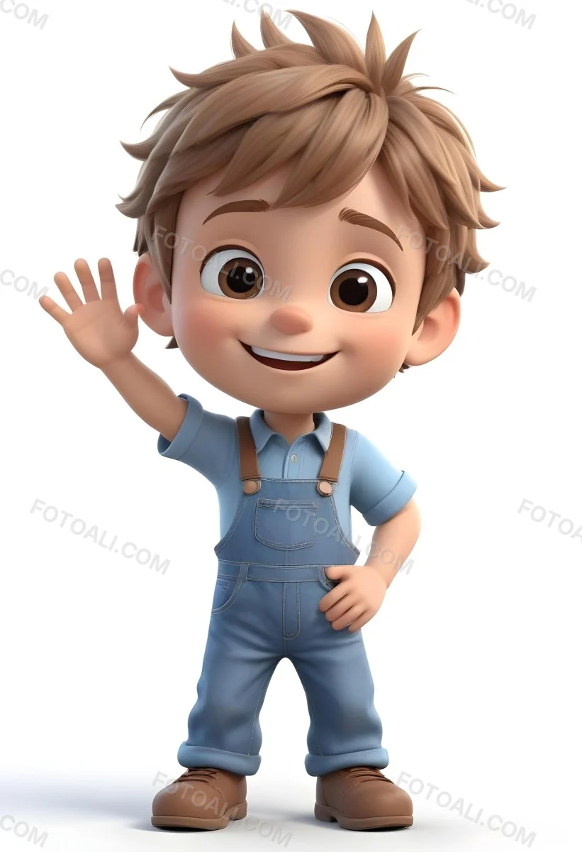 3d Model A Young Boy With Light Brown Hair And Big Brown Eyes Wearing A Light Blue Shirt And Denim Overalls He Is Smiling And Waving With His Right Hand Standing In A Cheerful Pose The Background Is Plain White Fi 48 3be1