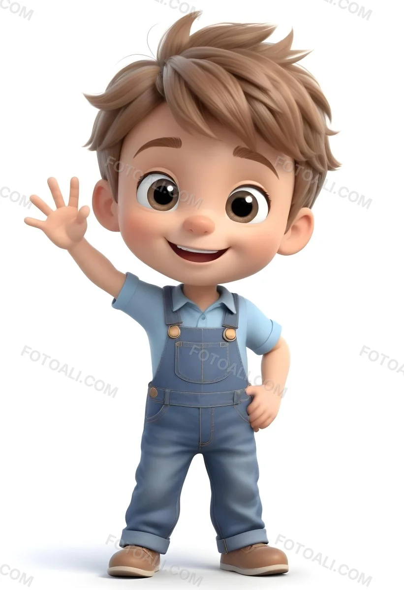 3d Model A Young Boy With Light Brown Hair And Big Brown Eyes Wearing A Light Blue Shirt And Denim Overalls He Is Smiling And Waving With His Right Hand Standing In A Cheerful Pose The Background Is Plain White Fi 5 3f9a