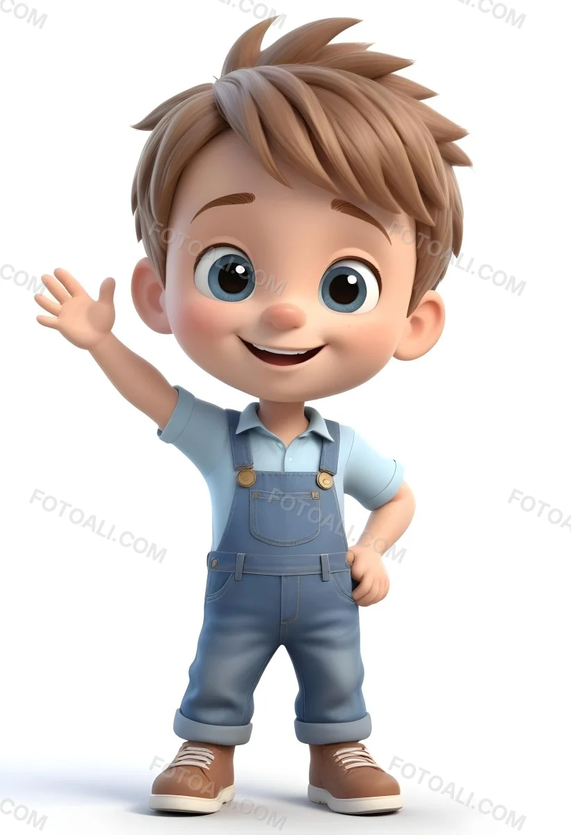 3d Model A Young Boy With Light Brown Hair And Big Brown Eyes Wearing A Light Blue Shirt And Denim Overalls He Is Smiling And Waving With His Right Hand Standing In A Cheerful Pose The Background Is Plain White Fi 8 9108