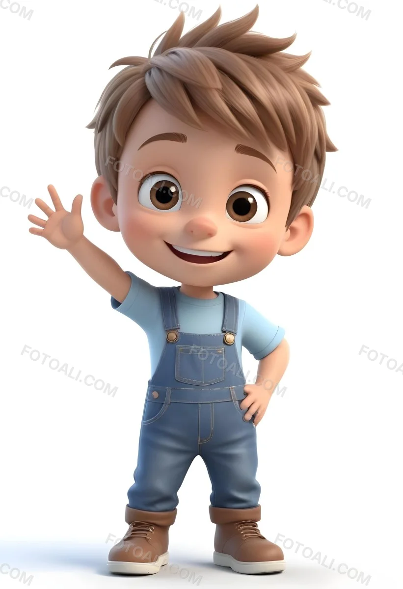 3d Model A Young Boy With Light Brown Hair And Big Brown Eyes Wearing A Light Blue Shirt And Denim Overalls He Is Smiling And Waving With His Right Hand Standing In A Cheerful Pose The Background Is Plain White Fi 9 Dc6a