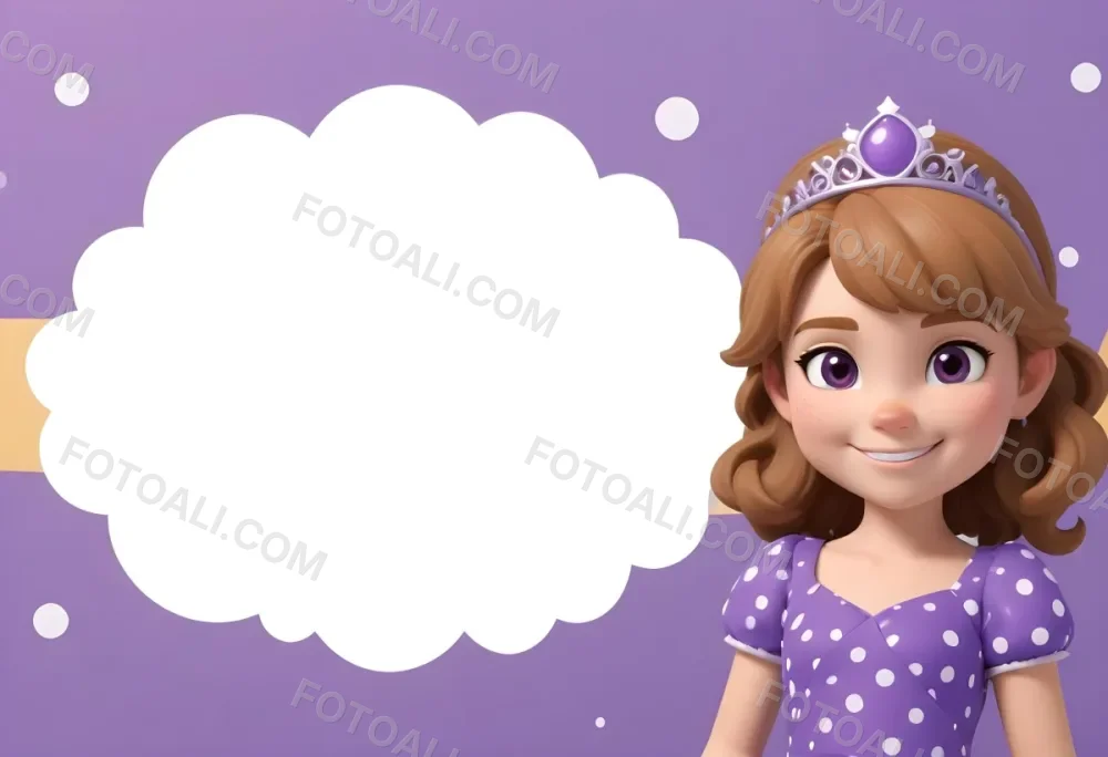 3d Model A Young Girl With Light Brown Hair Wearing A Tiara And A Purple Dress Smiling And Posing With Her Right Hand On Her Hip The Background Is Purple With White Polka Dots And A Blank White Area For Text Figure 12 0f6e