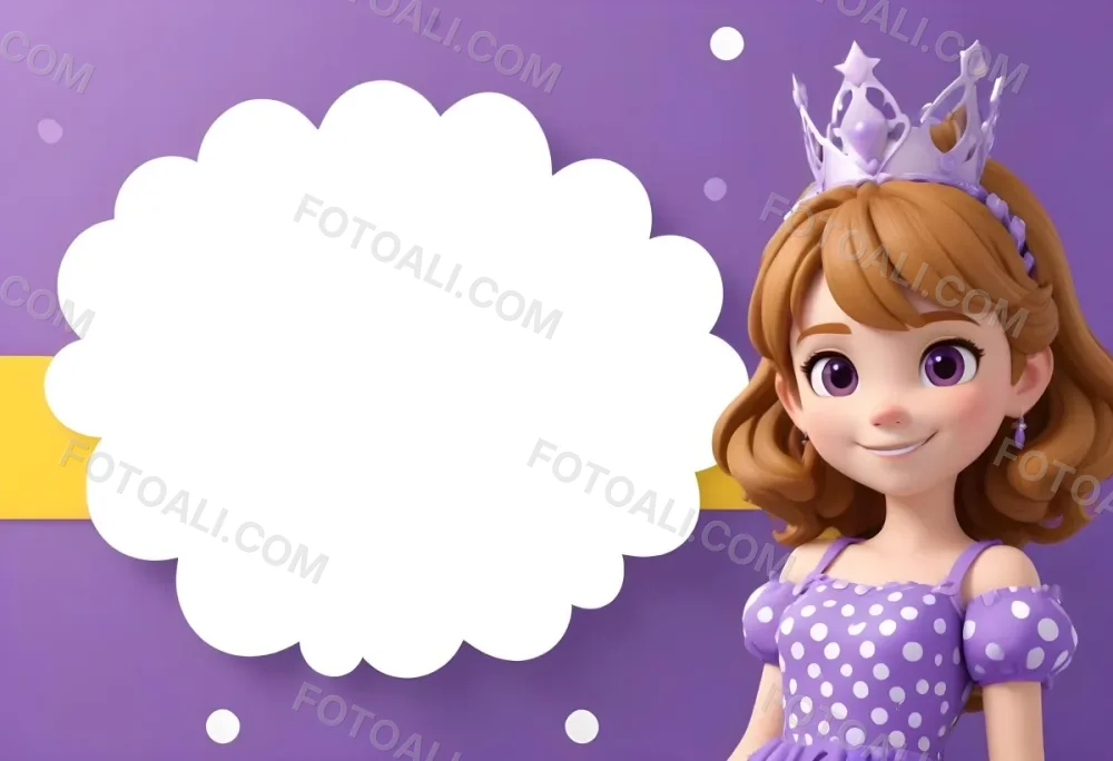 3d Model A Young Girl With Light Brown Hair Wearing A Tiara And A Purple Dress Smiling And Posing With Her Right Hand On Her Hip The Background Is Purple With White Polka Dots And A Blank White Area For Text Figure 3 Bd66
