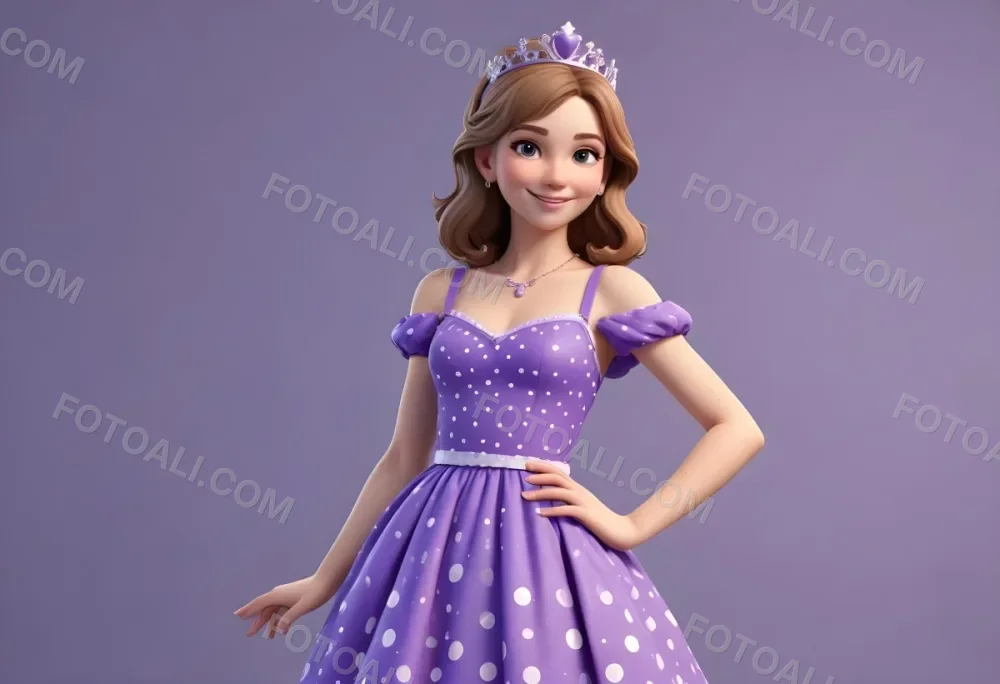 3d Model A Young Girl With Light Brown Hair Wearing A Tiara And A Purple Dress Smiling And Posing With Her Right Hand On Her Hip The Background Is Purple With White Polka Dots And A Blank White Area For Text Figure 4 7654