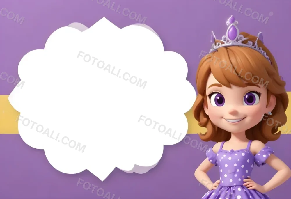 3d Model A Young Girl With Light Brown Hair Wearing A Tiara And A Purple Dress Smiling And Posing With Her Right Hand On Her Hip The Background Is Purple With White Polka Dots And A Blank White Area For Text Figure 6 8a41