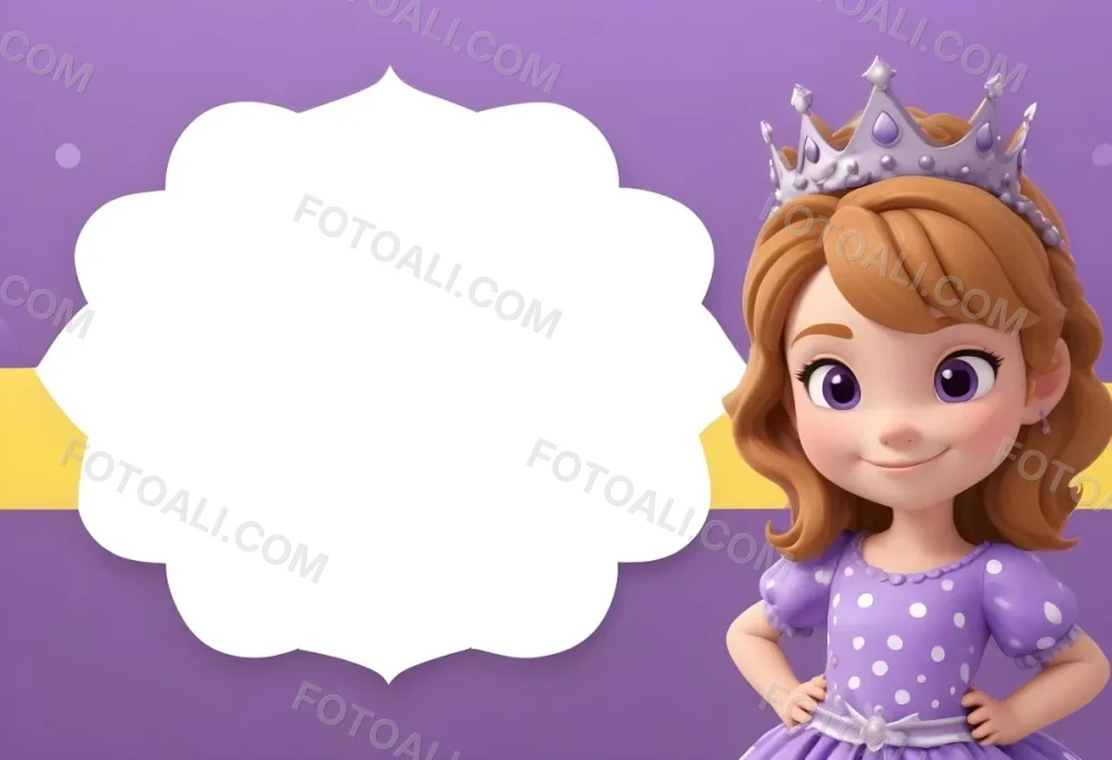 3d Model A Young Girl With Light Brown Hair Wearing A Tiara And A Purple Dress Smiling And Posing With Her Right Hand On Her Hip The Background Is Purple With White Polka Dots And A Blank White Area For Text Figure 9 158b