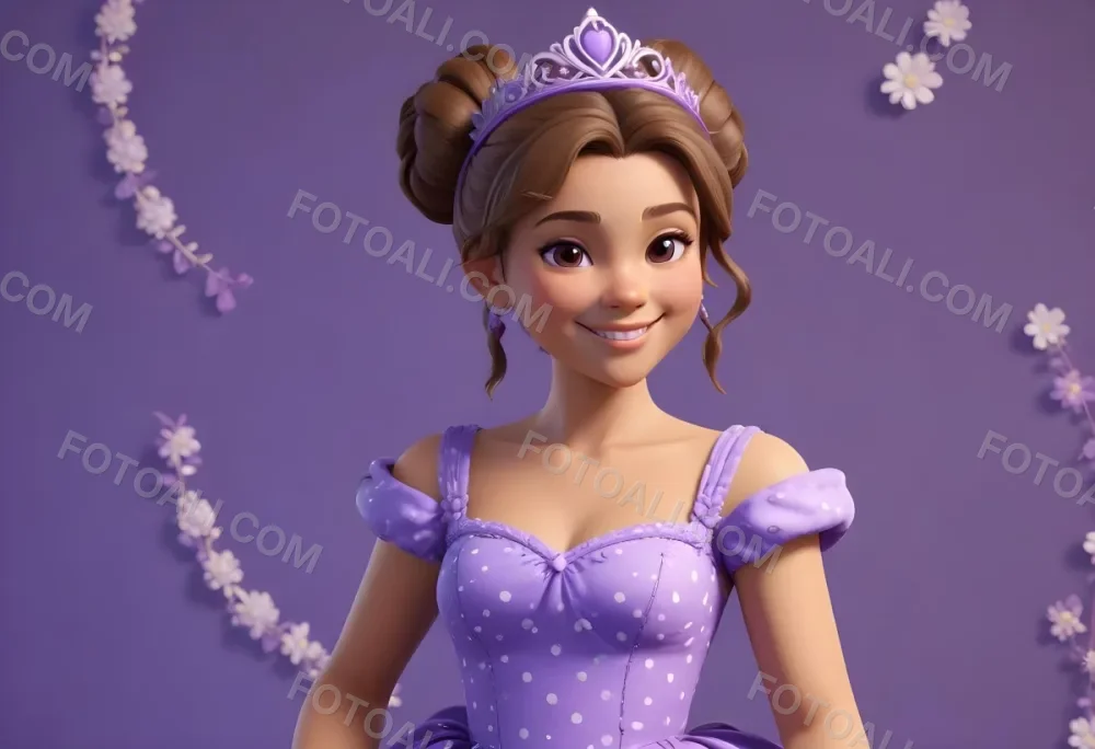 3d Model A Young Girl With Light Brown Skin And Brown Hair Styled In A Bun Wearing A Purple Princess Dress With A Floral Design She Has A Tiara On Her Head And Is Smiling The Background Is A Solid Purple With White P 1 2758