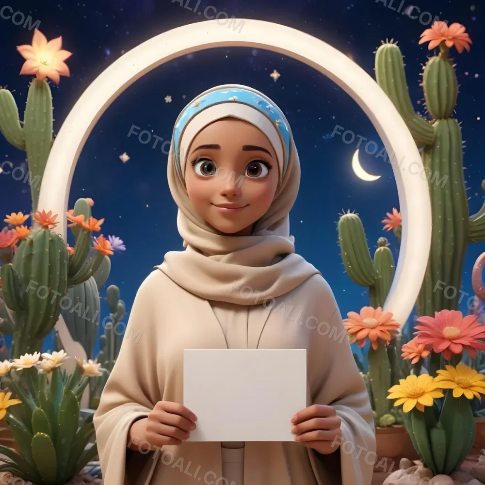 3d Model A Young Girl With Light Brown Skin And Large Expressive Eyes Wearing A Beige Hijab And A Blue Headband She Holds A Blank White Sign In Front Of Her The Background Features Colorful Flowers Cacti And Whi 4 1cc1