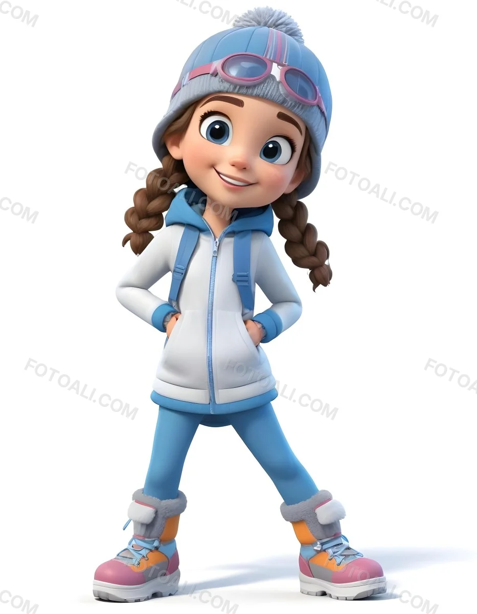 3d Model A Young Girl With Light Skin And Brown Hair Styled In Two Braids Wearing A Gray Beanie And Blue Goggles She Is Dressed In A White And Blue Zip Up Jacket With Matching Blue Pants And Gray Snow Boots The Backgro 1 C909