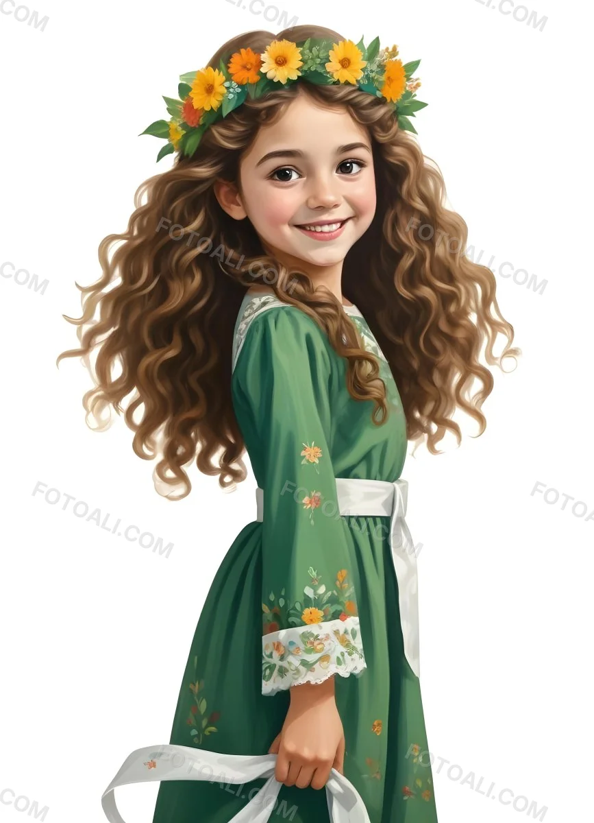3d Model A Young Girl With Long Curly Brown Hair Adorned With A Floral Crown She Has Large Expressive Brown Eyes And A Cheerful Smile She Is Wearing A Long Green Dress With A White Belt And Floral Patterns Along The 34 E36c