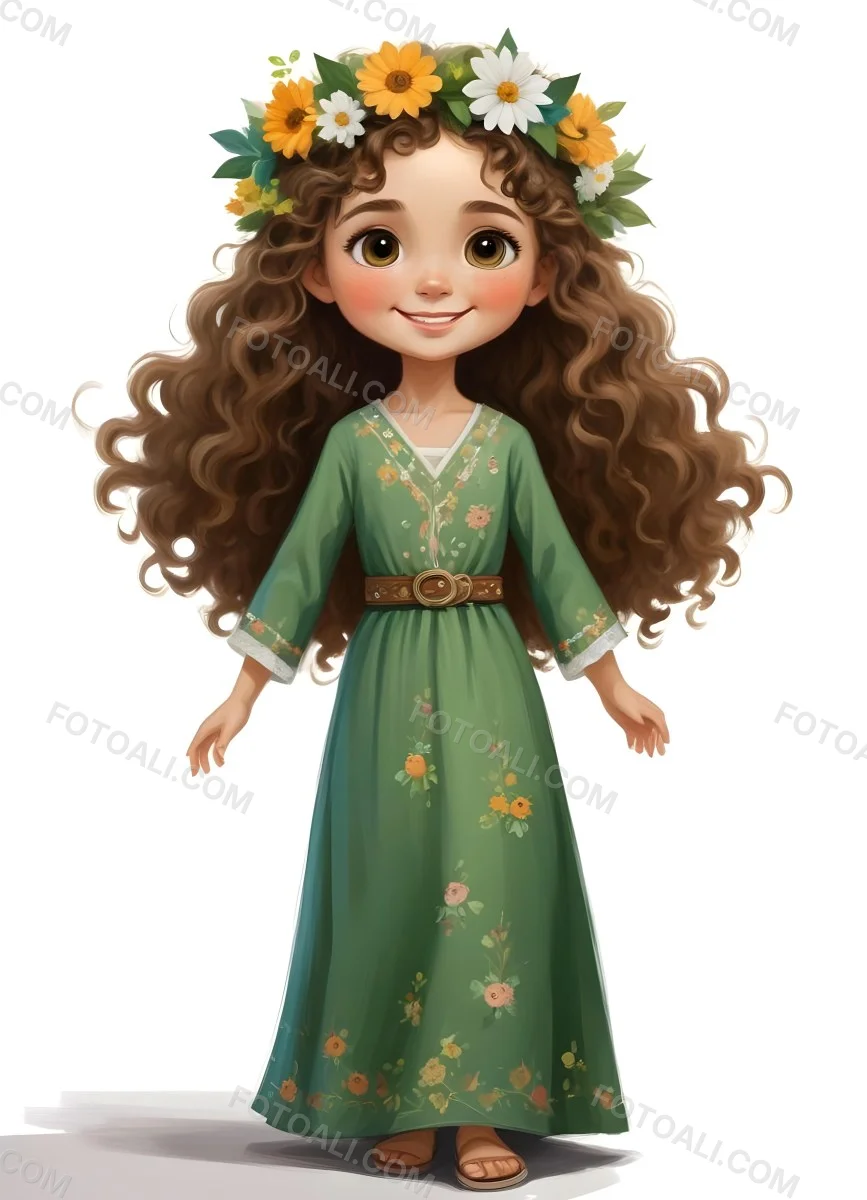 3d Model A Young Girl With Long Curly Brown Hair Adorned With A Floral Crown She Has Large Expressive Brown Eyes And A Cheerful Smile She Is Wearing A Long Green Dress With A White Belt And Floral Patterns Along The 38 973b