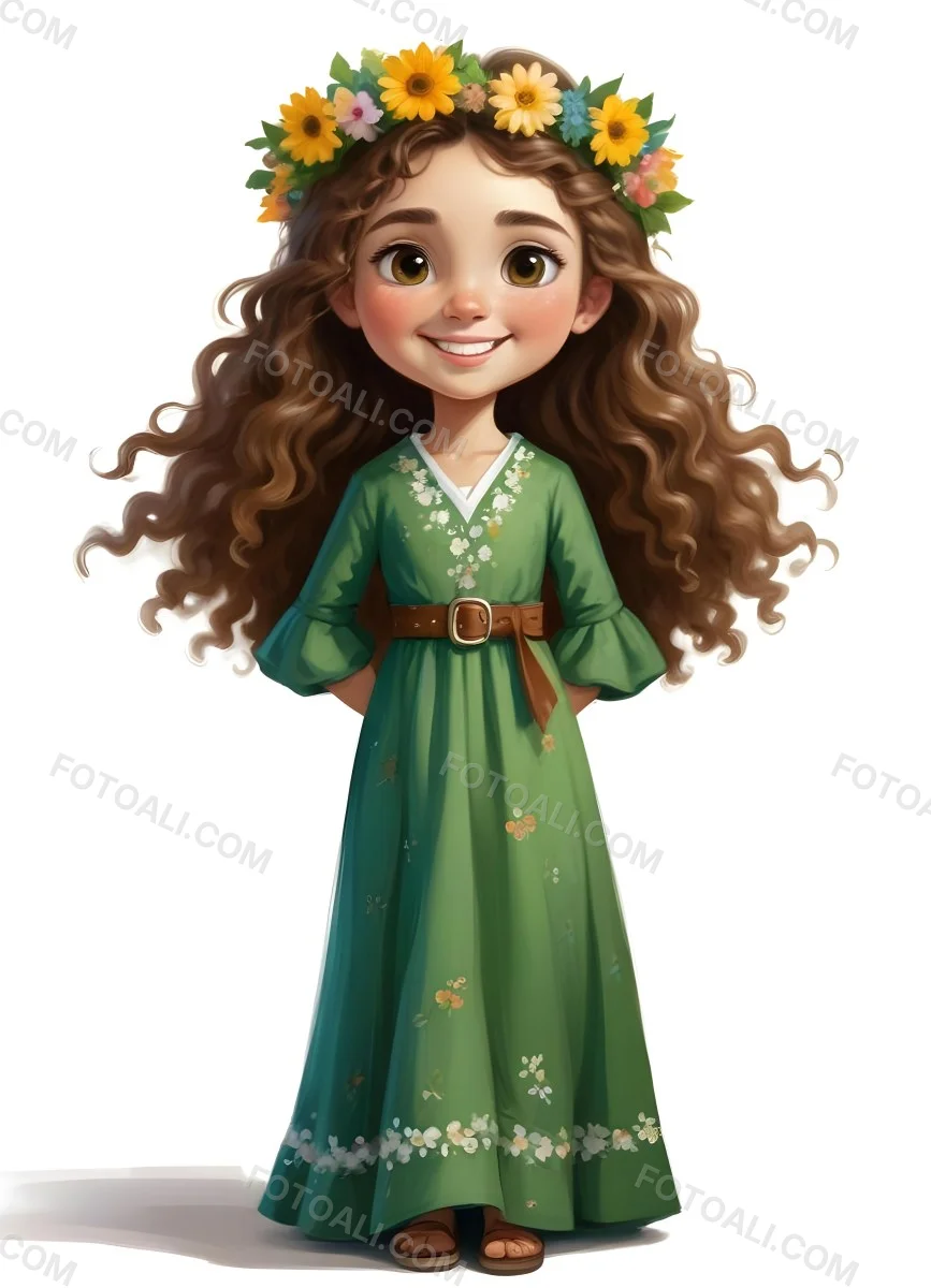 3d Model A Young Girl With Long Curly Brown Hair Adorned With A Floral Crown She Has Large Expressive Brown Eyes And A Cheerful Smile She Is Wearing A Long Green Dress With A White Belt And Floral Patterns Along The 40 6a24