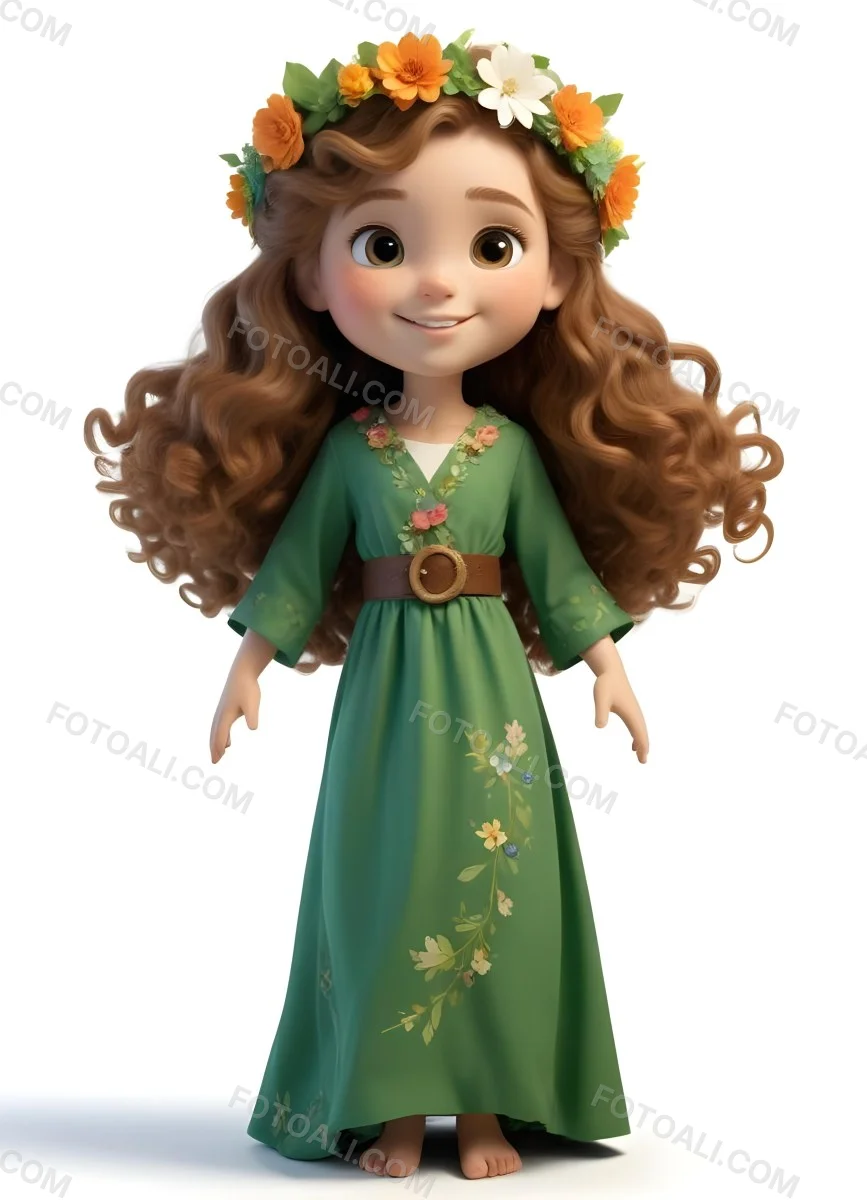 3d Model A Young Girl With Long Curly Brown Hair Adorned With A Floral Crown She Has Large Expressive Brown Eyes And A Cheerful Smile She Is Wearing A Long Green Dress With A White Belt And Floral Patterns Along The 50 B14f