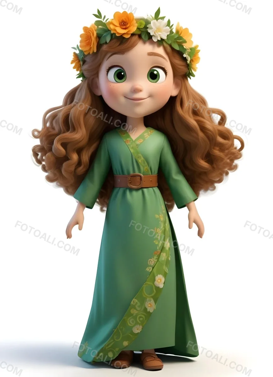 3d Model A Young Girl With Long Curly Brown Hair Adorned With A Floral Crown She Has Large Expressive Brown Eyes And A Cheerful Smile She Is Wearing A Long Green Dress With A White Belt And Floral Patterns Along The 53 Ba6b