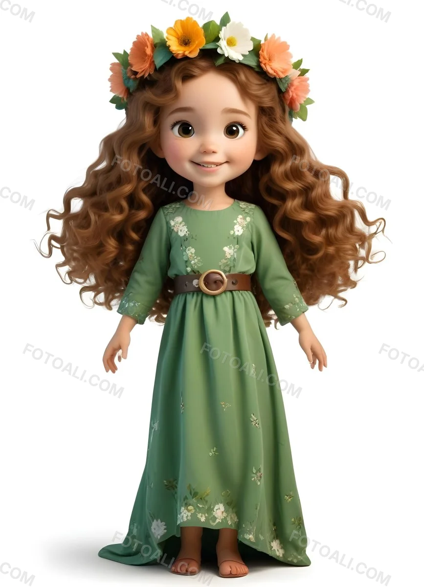 3d Model A Young Girl With Long Curly Brown Hair Adorned With A Floral Crown She Has Large Expressive Brown Eyes And A Cheerful Smile She Is Wearing A Long Green Dress With A White Belt And Floral Patterns Along The 57 C292