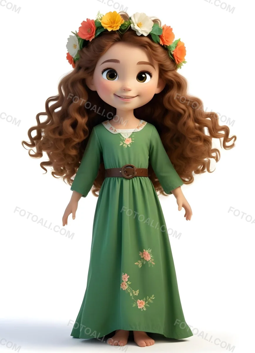 3d Model A Young Girl With Long Curly Brown Hair Adorned With A Floral Crown She Has Large Expressive Brown Eyes And A Cheerful Smile She Is Wearing A Long Green Dress With A White Belt And Floral Patterns Along The 62 029c
